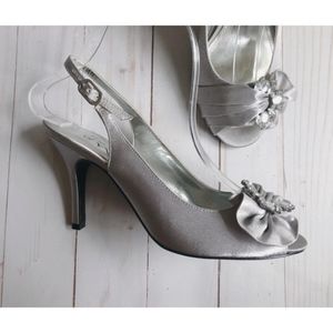 Nina Silver Satin Peep Toe Heels Rhinestones
